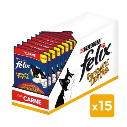 Caja de Sachets Felix Fantastic Mix Tiritas Carne 15 unidades×85 GR