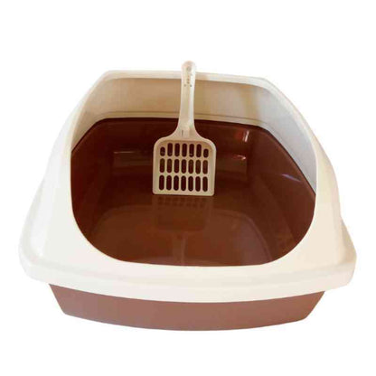 caja de arena para gatos color marron con blanco con pala incluída