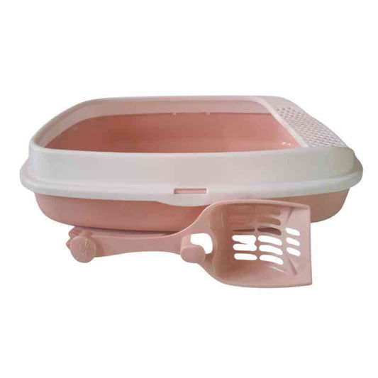 Caja de arena para gatos con pala color rosado y blanco