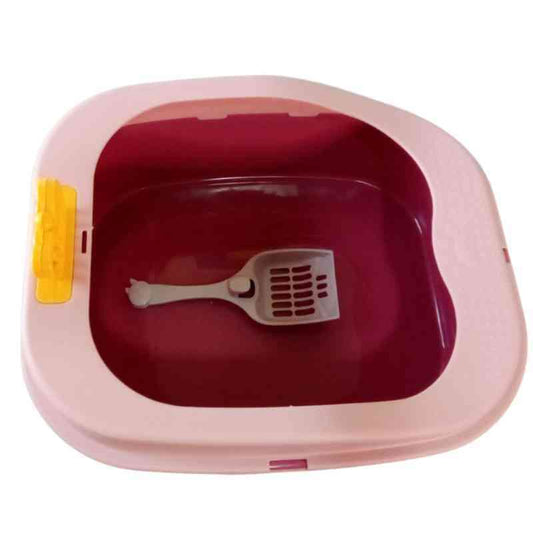 caja de arena para gatos con pala color rosado y rojo